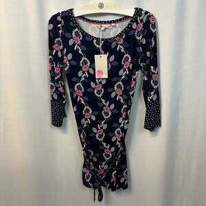 Boden Blue Floral Paisley Waist Tie Navy Blue 3/4 Sleeve Tunic Top 2P NWT